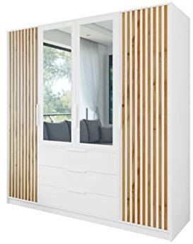 Mirjan24 Drehtürenschrank Bado Lux 4D, Kleiderschrank mit Spiegel und 3 Schubladen, Elegantes Schlafzimmer Schrank mit Spiegeltüren, Jugendzimmer (Weiß/Weiß + Eiche Wotan)
