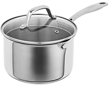 Kuhn Rikon 18/10 Stainless Steel Saucepan 3.7L/20cm, Uncoated Pan | With Draining Lid, 2 Easy Pour Spouts, Stay Cool Handle, Induction, Oven & Dishwasher Suitable, Mirror Finish - Allround Plus