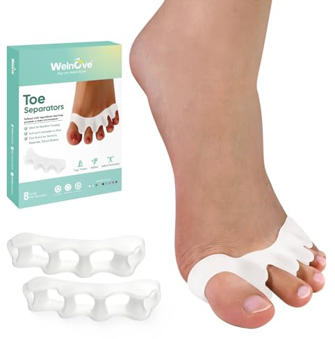 Welnove Toe Separators Spacers for Women - 8 Pack Gel Toe Straightener to Correct Bunions and Relieve Foot Pain - Silicone Toe Spacers for Hammertoe Yoga Practice - White