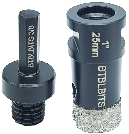BTBLBITS Dry Diamond Core Drill Bit 1 Inch (25mm) 5/8-11 Thread Tile Hole Saw with 3/8” Hex Shank Drilling Adapter for Porcelain Tiles Granite Marble Masonry Countertop