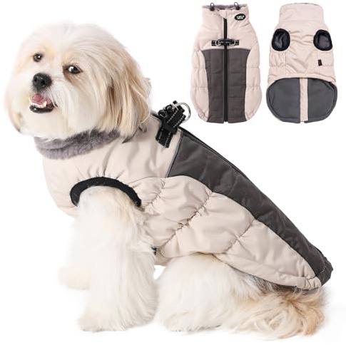 Savlot Hundejacken für den Winter Winddicht Wasserdicht 2 in 1 Outfit Kaltwettermantel Hundewestengeschirr Welpen Winter Warme Jacke Kleines (L, Weiß)