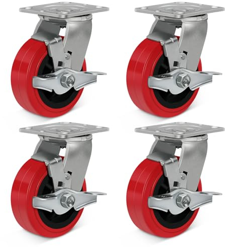5x 2 Heavy Duty Industrial Casters, Polyurethane on Polyolefin Core Wheel- Capacity up to 4000 Lbs (Set of 4), Use for Platform Truck, Industrial Equipment (4 Brake)