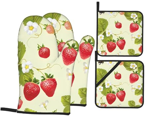Hübsches Erdbeer-Ofenhandschuhe und Topflappen-Set, hitzebeständige Ofenhandschuhe und Topflappen, Grillhandschuhe, Hot Pads, Kochhandschuhe für Küche, Backen, Grillen, 4-teiliges Set