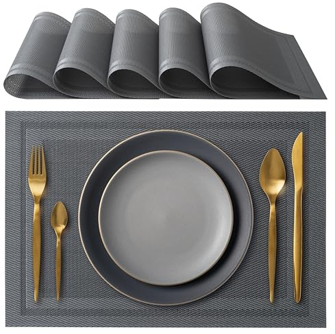IPEA Manteles Individuales e Mesa Elegantes 45 x 30 cm para Cena, Almuerzo, Desayuno - 6 Unidades - Mantel Individual Lavable, Resistente Calor, Antideslizante, Antimanchas para Mesa de Cocina - Gris