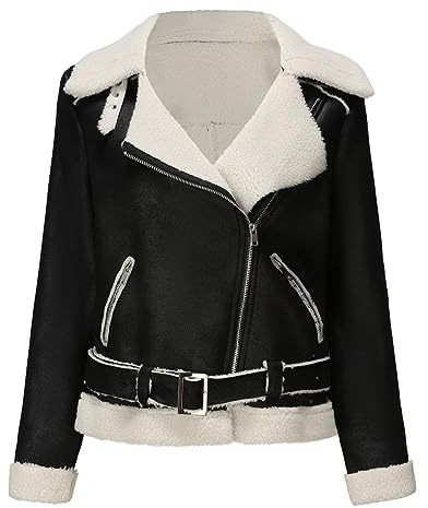 Lvguang Veste Femme Cuir Court Veste Courte avec Ceinture et Zippé Fermeture Eclair Vintage de Couleur Unie Classique Veste en Cuir Veste à Revers Rembourrée Veste Chaude Hiver (Noir,S)