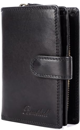 Benthill Geldbörse Damen Leder | Geldbeutel mit RFID Schutz aus Rindsleder | Portmonee mit 8 Kartenfächer Mittelgroß | Echt Leder Slim-Wallet Vintage inkl. Geschenkbox, Farbe:Schwarz