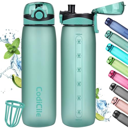 CodiCile Gourde 1L, Bouteille d'eau 1L Sans BPA, Bouteille de 1 litre étanche, Bouteille de sport en tritan avec filtre pour le fitness, la course, l'école, l'extérieur, Vert clair