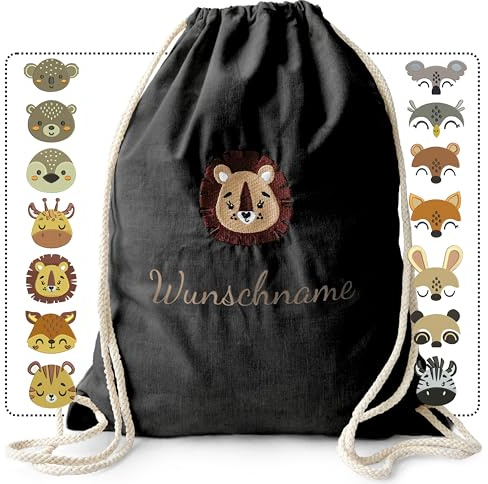 Turnbeutel mit Namen und Motiv bestickt - Personalisierter Stoffbeutel mit Kordelzug aus Baumwolle für Kinder als außergewöhnliches Geschenk