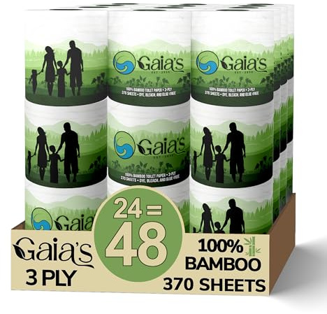 Gaias Premium and Soft Organic Bamboo Toilet Paper | 24 Mega Rolls, 3 Ply, 370 Sheets | FSC Certified, PFAS & BPA Free, Eco-Friendly, Sustainable Tissue - Plastic Free Packaging, Septic Safe