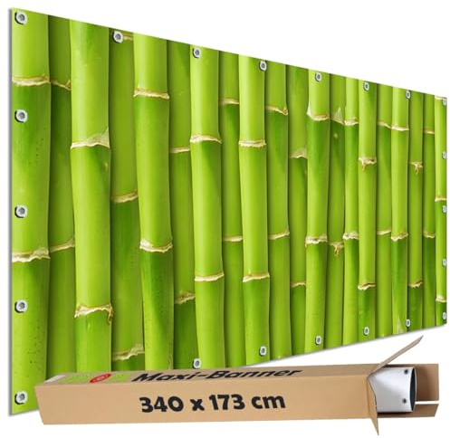 TRIOSK Sichtschutz Garten Dekoration Plane groß mit Motiv Bambus Stäbe Zaun Optik Motivbanner blickdicht für Terrasse Gartenzaun Gartenposter PVC Zaunblende 340x173 cm Grün