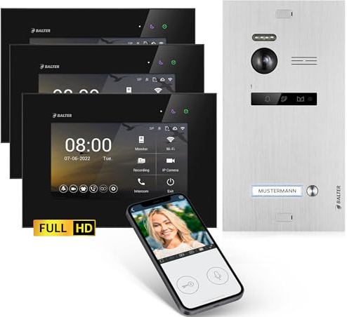 Balter EVO-HD Video Türsprechanlage, Video Türklingel, Smartphone App, 1 Familienhaus Klingel, 3X 7 Zoll HD-Monitore, Full HD-Kamera, 2 Draht Bus, Gegensprechanlage mit 175° Weitwinkel