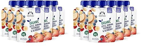 Amazon-Marke: Mama Bear Quetschie Bio Apfel, Banane, Heidelbeere und Himbeere, vegetarisch, 90g (6er-Pack) (Packung mit 2)