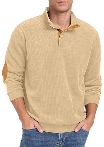 Hisir Herr manchestertröjor Henley hals snäppknappar stående krage långärmad vinter sweatshirt toppar, Khaki, S