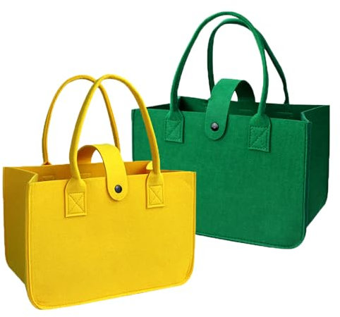 Mixxiula 2 Stück Filztasche Shopper, Filz Einkaufstasche Faltbar Tragetasche Spielzeugtasche Einkaufskorb Kaminholztasche, Filz Tasche zur Einkaufen, Picknick, Aufbewahrung, Gelb/Grün