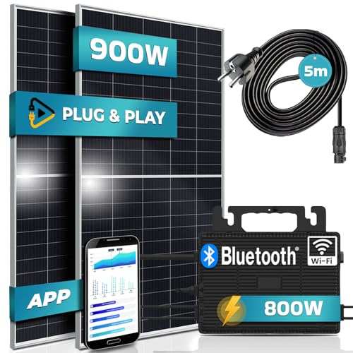 SUNNIVA® 900W Balkonkraftwerk 800W komplett Steckdose - Astro Energy 800W Wechselrichter - PV Solaranlage Komplettset - 2x 450W Solarmodule - inkl. 5m Kabel - Bluetooth WIFI