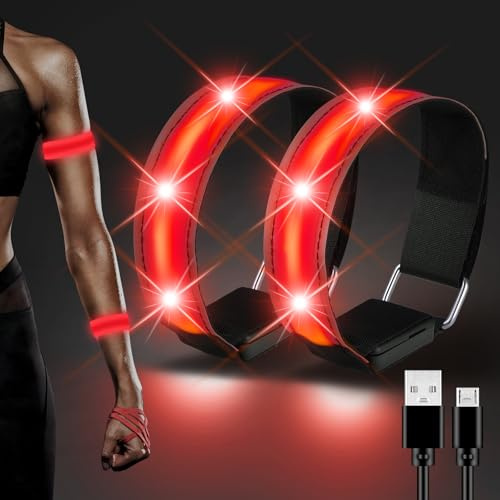 JIZZU LED Armband Aufladbar, 2 Stück Wasserdicht, USB Leuchtarmbänder, Rot
