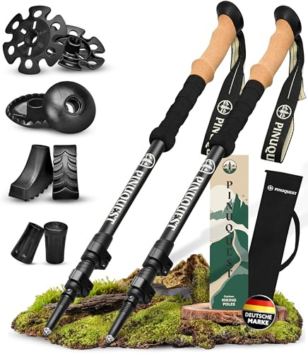 PINUQUEST Bastoni da trekking in carbonio | altezza 95 – 200 cm | bastoncini telescopici da trekking in carbonio e alluminio con manico ergonomico in sughero + 4 inserti per ogni terreno | Bastoni da