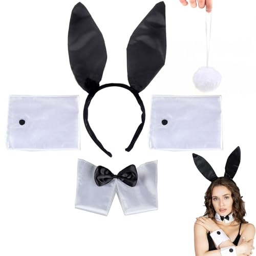 5-teiliger weiblicher Kaninchenzubehörset, Kaninchenohren, Diadem, Cosplayset, Kaninchenohren und Schwanz-Set, Osterhasenohren, Stirnbänder, Fliegenschwanz