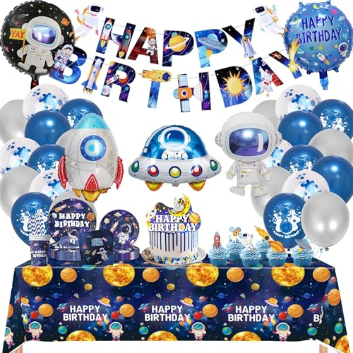 Weltraum Kindergeburtstag Deko Partygeschirr Set - 130 Stück Party Geschirr Astronaut Pappteller Pappbecher Servietten, Folienballons und Girlande für Weltraum Geburtstag Dekoration