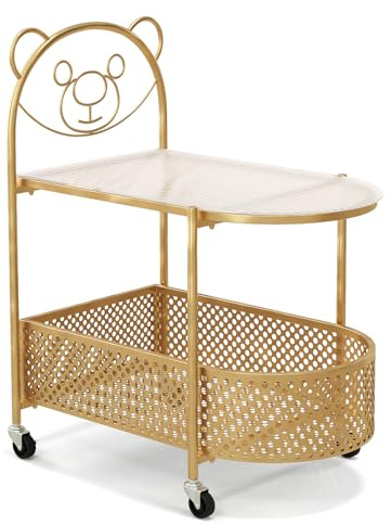 GYMAX Beistelltisch, Couchtisch mit Rollen & Bärenform-Design, Glastisch mit Ablagekorb, Sofatisch für Wohnzimmer & Schlafzimmer (Gold,Oval)