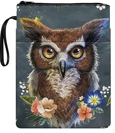 Buchhüllen mit lustigem Eulen-Blumenmuster, mit Vordertasche, Polyester, Reißverschluss, geeignet für die meisten Hardcover-Bücher, Büro, Schulprodukte