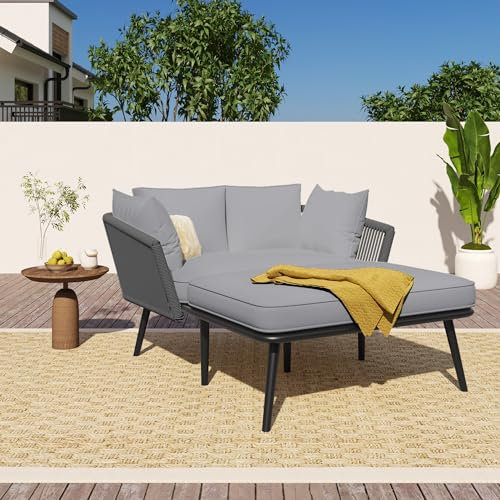 Laxnb Gartenmöbel Garten Lounge Möbel Outdoor, Gartensofa Lounge mit 2 Kissen und 2 Polster, Sonnenliege im Außenbereich, Balkonmöbel Freizeitsofa Sonneninsel für Garten & Pool Terrassenmöbel (Grau)