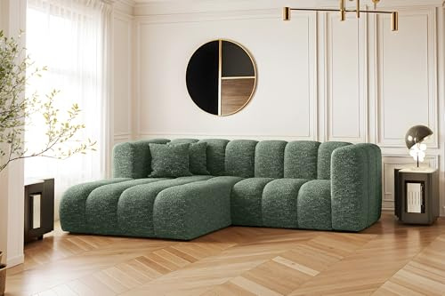 Kaiser Möbel - Ecksofa mit Wohnlandschaft, Eckcouch L Form, Polstersofa, Bequemes Couch mit Ottomane für Wohnzimmer, Relaxsofa, Chenille Gewebe, 2 Zierkissen, Lounge-Set L-Form, Grand, Grün, Links