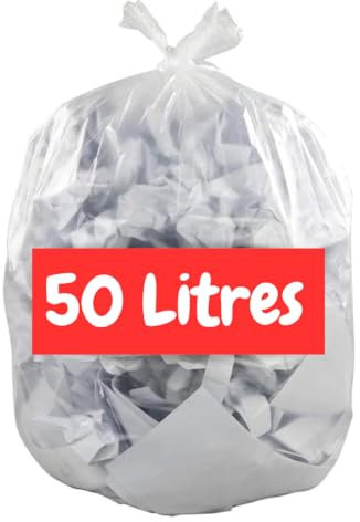Bolsa de basura transparente 50 x 50 | Bolsa de basura 50 litros | Resistente (14 µ) e impermeable | Papeleras Oficinas – Baño – Cocina | Cierre de lazo para atar | Reciclable