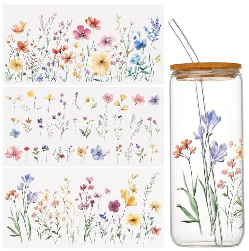 WANDIC 3 Bogen Rub on Sticker Blumen - UV DTF Wasserfest Transferaufkleber für Möbel und Glas im Sommer Design - für DIY Kunsthandwerk sowie Dekoration von Fotoalbum Scrapbook und Geschenk,15x30 cm