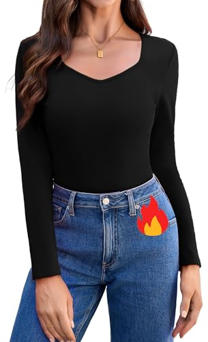 Aottori Maglia Termica Donna Scollo a V Maglietta a Maniche Lunghe Fodera in Pile Basic Tops Slim Fit Maglione Tinta Unita Casual Sottogiacca Intimo Termico Nero L