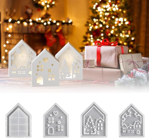 JKITNHJOT 4 Stück Silikon Gießformen Häuser, Mini Hausformen mit Fenster, vielseitige Silikonformen für Seife, Kerzen & Epoxidharz, kreative DIY Bastelideen und Geschenk zu Ostern(B)