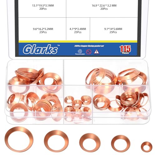Glarks Kit di guarnizione di flare in rame 115pcs, raccordo di flare in rame a 45 gradi, adatto per dimensioni del tubo 1/4 '' 3/8 '' 1/2 '' 5/8 '' 3/4 ', guarnizioni in ottone