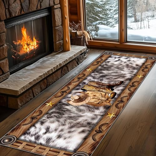 PDENZG Rustic Western Runner Rug,80x150cm, Faux Fur Animal Print Runner Rug, Leopard Cowhide Cowboy Hat and Boots Western Cowboy Rugs, Soft Non-Slip Texas Star Carpet,for Entryway Hallway Cabin Decor