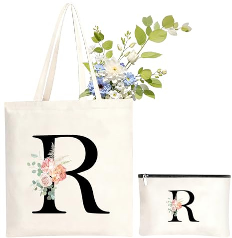 NHTJTHE Initialen Baumwolltasche personalisiert, Canvas Einkaufstasche mit Reißverschluss und dazu passende Kosmetiktasche,Besondere Geschenkidee für Frauen, Mama, Freundin zu Allen Festtagen