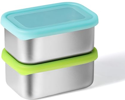 Misichao Stainless Steel Snack Containers with Lids, 400ml (14oz) Leakproof Food Storage Containers, Bento Box for Lunch, Meal Prep, Freezer & Dishwasher Safe (Blue+Green, 400 ml)