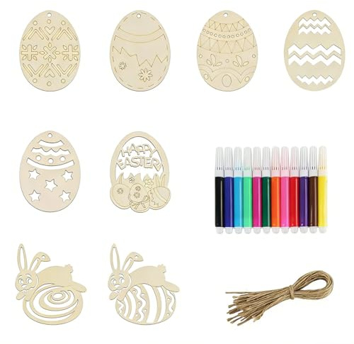 JYXNU Set da 24 pezzi Decorazione pasquale in legno uova da dipingere, con cordino e penne acquerellabili, kit lavoretti di pasqua,uova di pasqua da decorare, per decorare le uova di Pasqua