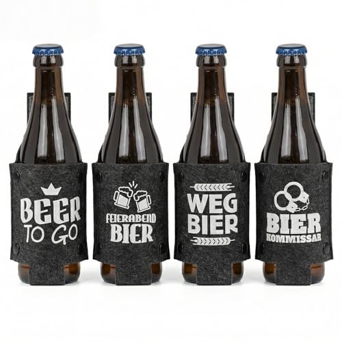 MIJOMA Juego de 4 fundas de fieltro para cerveza, soporte para cerveza, soporte para cinturón, funda portátil para botellas de viaje, trabajo, senderismo, cerveza para llevar cerveza de fin de curso