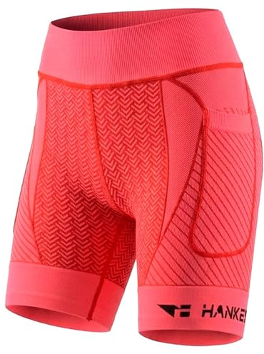 HANKER Mallas Cortas Mujer compresivas con Bolsillos para Running | 85% poliéster, 10% elastano, 5% poliamida, bolsillos, cintura tubular, secado rápido, para trail