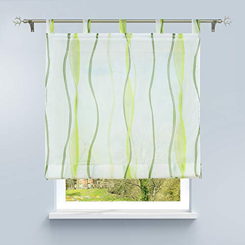 HongYa Raffrollo mit Wellen Druck Transparenter Voile Raffgardine Vorhang mit Schlaufen H/B 140/120 cm Creme Grün