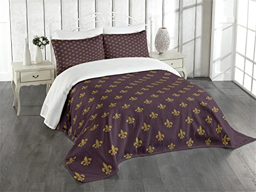 ABAKUHAUS Fleur De Lis Tagesdecke Set, Königliche Muster, Set mit Kissenbezügen Sommerdecke, für Doppelbetten 220 x 220 cm, Burgunder Erde gelb