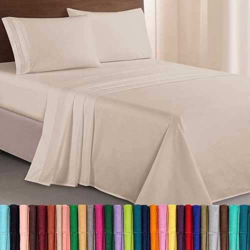 Elegant Comfort Luxurious 1500 Premium Hotel Quality Microfiber Three Line Embroidered Softest 4-Piece Bed Sheet Set, Wrinkle and Fade Resistant, King, Cream