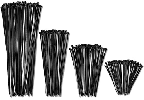10, 15, 20, 30 cm Cable Zip Ties Black Heavy Duty (400 Pack, 100 Each Size) - 18kg Tensile Strength - Self-Locking Premium Nylon Cable Wire Ties for Indoor and Outdoor by Bolt Dropper