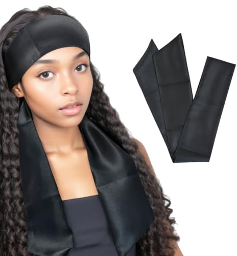 Satin Scarves for Wigs Grip Band Headband, Black | Soft Satin Laying Scarf, For Lace Front Wigs, Keep Wig Secured, For Yoga, Makeup, Facial, Sport