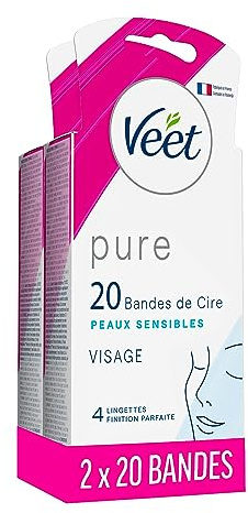 VEET Pure – 20 Kaltwachsstreifen für Gesicht – empfindliche Haut – empfohlen von Dermatologen – langanhaltende Haarentfernung (20 Streifen, 40)