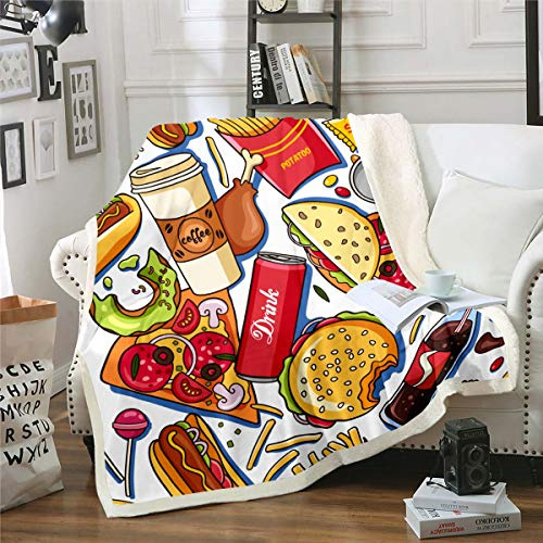 Loussiesd Coperta Sherpa a Tema Alimentare per Divano e Viaggio - Pizza, Hot Dog, Fsat Cibo Sfocato - Ultra Morbida in Pile, Decorazione Stanza, Peluche 127