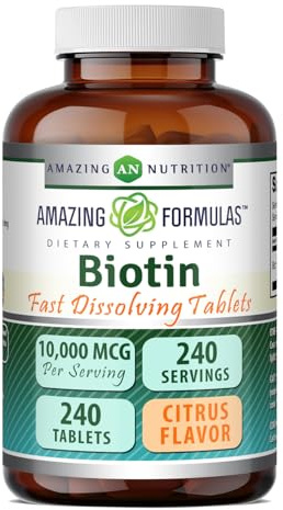 Amazing Formulas Biotin (Vitamin B7) 10,000 Mcg | Fast Dissolve Tablets Supplement | Citrus Flavor | Non-GMO | Gluten-Free | Made in USA (1 Pack | 240 Count)