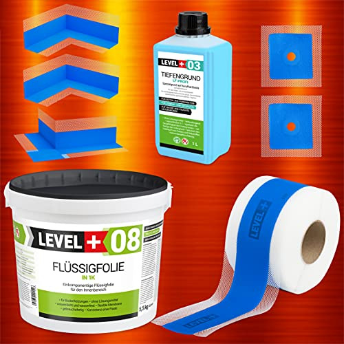 Dicht-Set 5,5Kg Flüssigfolie, 5m Dichtband, 2 Innenecken, 1 Außenecke | 2 Wandmanschetten, 1L Tiefengrund, Dusche, Bad, Küche SET343
