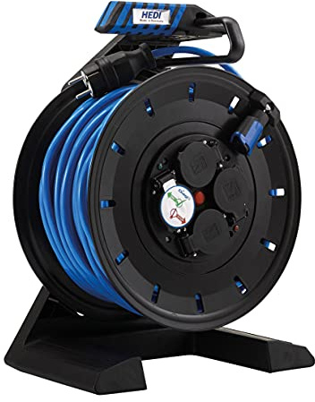 Hedi Kabeltrommel 40 m Generation 7 (Farbe blau, Kunststoff, Leitung H07BQ-F 3G1,5, 4-Fach Steckdose, mit Stecker-Dichtlippe, Überlastschutz) K740QTF560