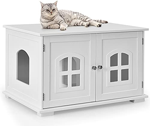 COSTWAY Arenero para Gatos -Casita con Entrada Lateral Opcional, mesita de Noche con Dobles Puertas y Ventanas, Casita Decorativa Ventilada (Blanco)