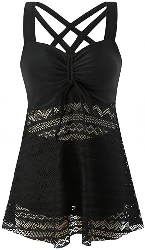 Ocean Plus Damen Elagant Tankini Top Spitze Rückenfreier Zweiteilig Badeanzug zum Abnehmen in Einfarbiger mit Brustpolster ohne Stahlstütze (XL (EU 40-42), Schwarz)